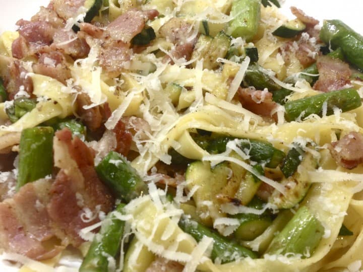 Asparagus, Courgette, Smoked Streaky Bacon Tagliatelle